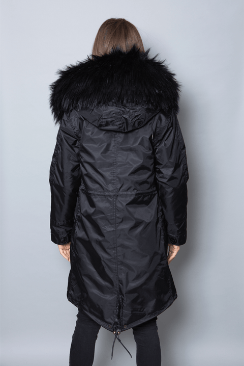 Sale Womens Real Look Faux Fur Collar Parka Jacket with Black Faux Fur Lining 3/4