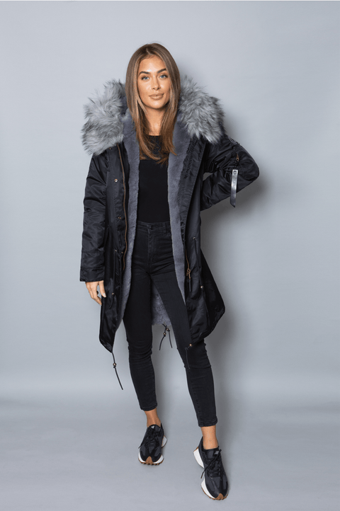 Womens Real Look Faux Fur Collar Parka Jacket with Grey Faux Fur Lining 3/4 - Bobbi Parka