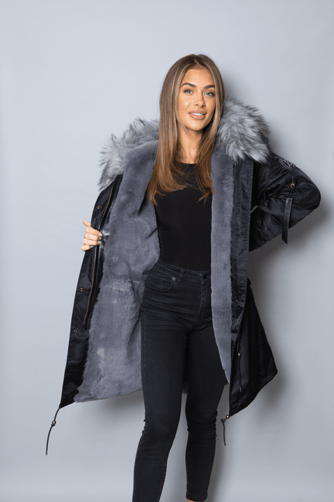 Womens Real Look Faux Fur Collar Parka Jacket with Grey Faux Fur Lining 3/4 - Bobbi Parka