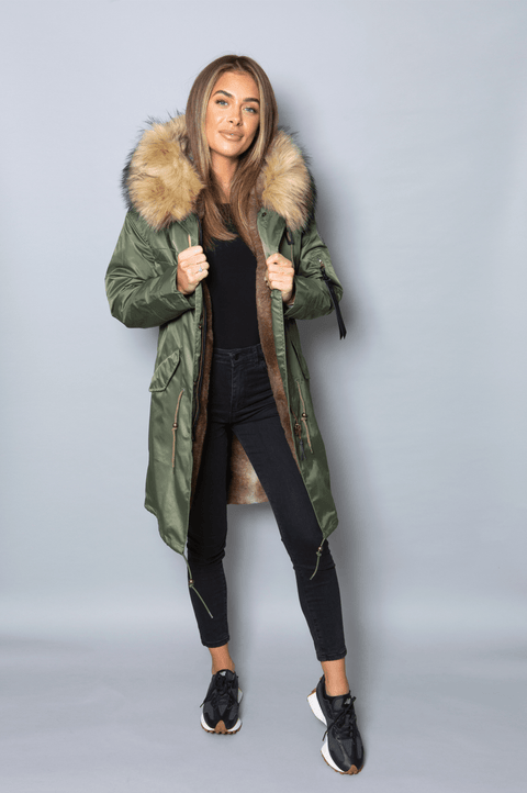 Womens Real Look Faux Fur Collar Parka Jacket with Natural Faux Fur Lining 3/4 - Bobbi Parka