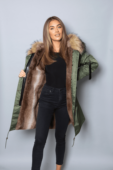 Sale Womens Real Look Faux Fur Collar Parka Jacket with Natural Faux Fur Lining 3/4 - Bobbi Parka