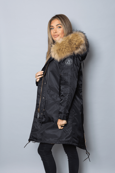 Womens Real Look Faux Fur Collar Parka Jacket with Natural Faux Fur Lining 3/4 - Bobbi Parka