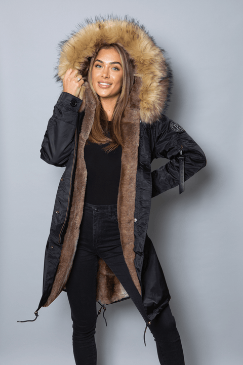Womens Real Look Faux Fur Collar Parka Jacket with Natural Faux Fur Lining 3/4 - Bobbi Parka