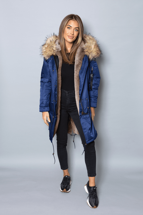 Womens Real Look Faux Fur Collar Parka Jacket with Natural Faux Fur Lining 3/4 - Bobbi Parka