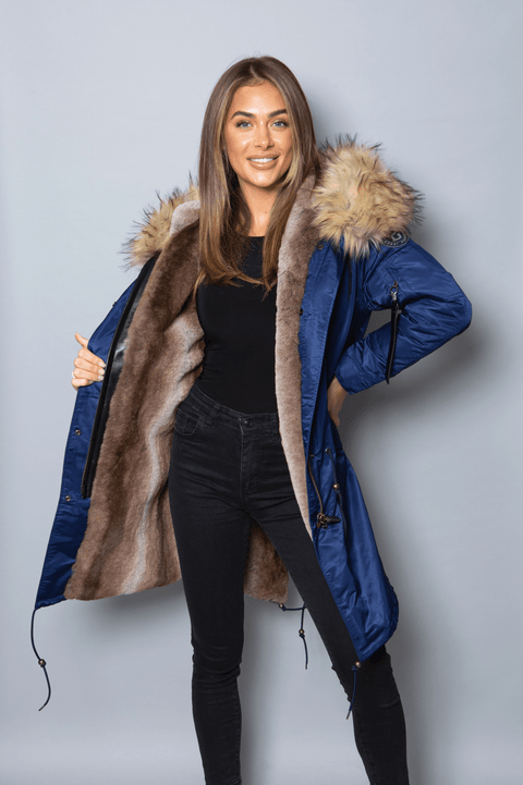 Womens Real Look Faux Fur Collar Parka Jacket with Natural Faux Fur Lining 3/4 - Bobbi Parka
