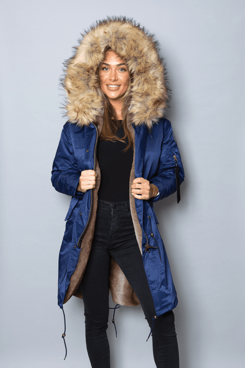 Womens Real Look Faux Fur Collar Parka Jacket with Natural Faux Fur Lining 3/4 - Bobbi Parka