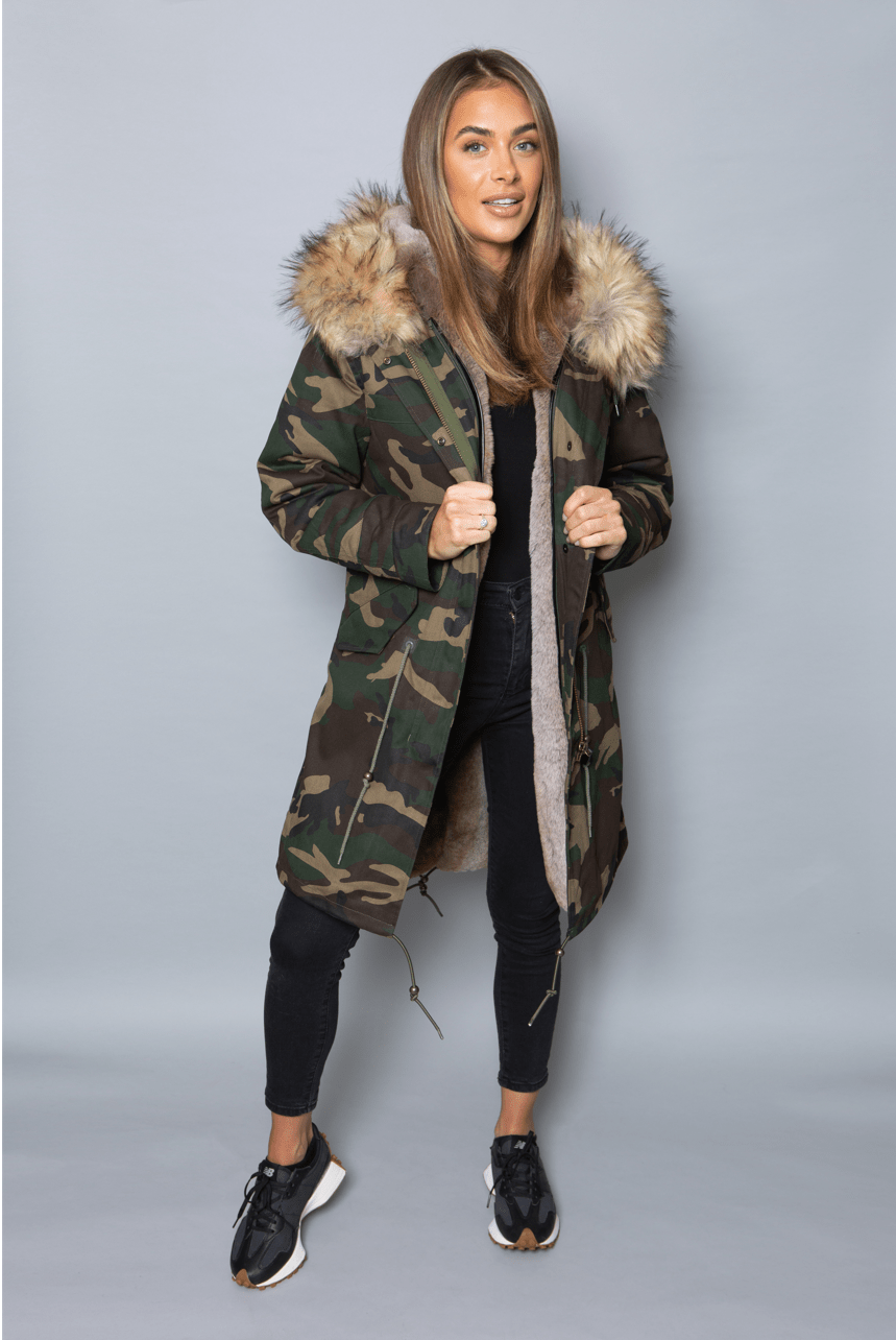Womens Real Look Faux Fur Collar Parka Jacket with Natural Faux Fur Lining 3 4
