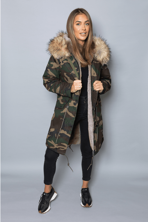 Womens Real Look Faux Fur Collar Parka Jacket with Natural Faux Fur Lining 3/4 - Bobbi Parka