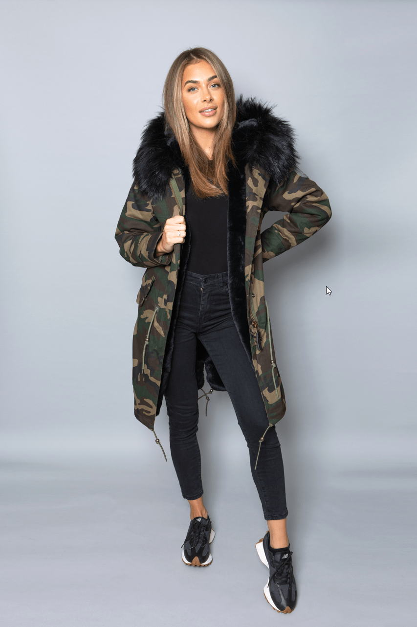 Green Fur Collar Womens Camouflage Parka Coats With Fur Hood