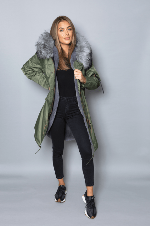 Womens Real Look Faux Fur Collar Parka Jacket with Grey Faux Fur Lining 3/4 - Bobbi Parka