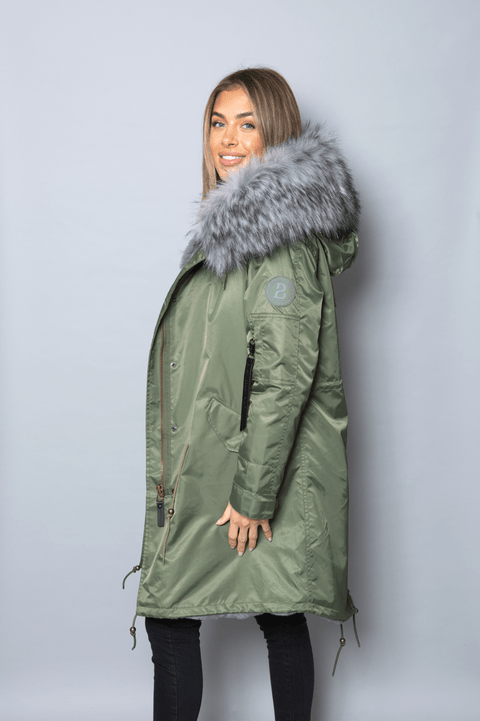 Womens Real Look Faux Fur Collar Parka Jacket with Grey Faux Fur Lining 3/4 - Bobbi Parka