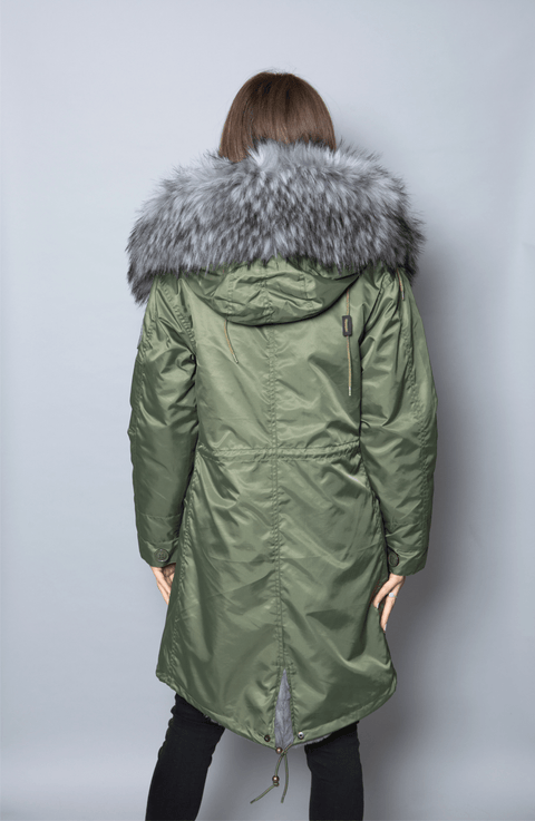 Womens Real Look Faux Fur Collar Parka Jacket with Grey Faux Fur Lining 3/4 - Bobbi Parka