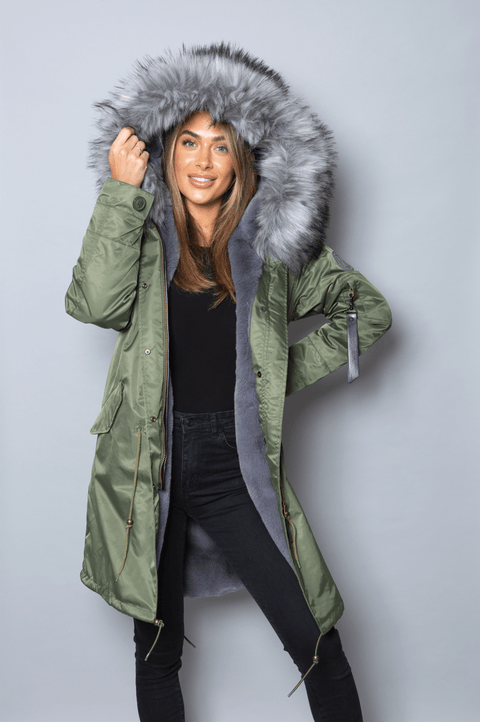Womens Real Look Faux Fur Collar Parka Jacket with Grey Faux Fur Lining 3/4 - Bobbi Parka