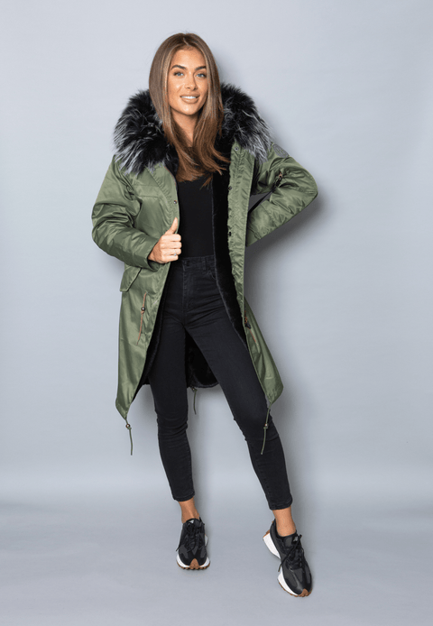 Womens Real Look Faux Fur Collar Parka Jacket with Black Faux Fur Lining 3/4 - Bobbi Parka