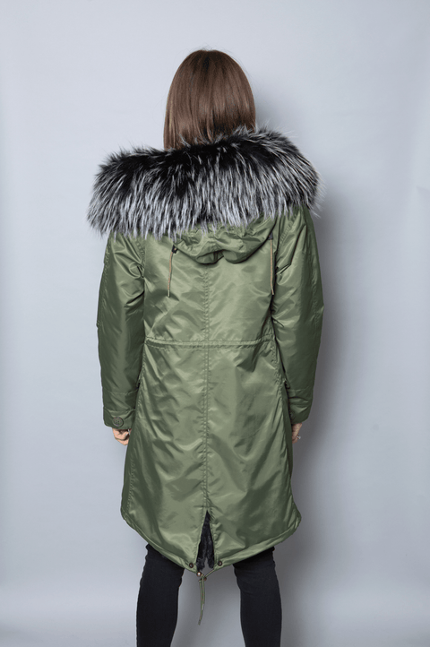 Womens Real Look Faux Fur Collar Parka Jacket with Black Faux Fur Lining 3/4 - Bobbi Parka