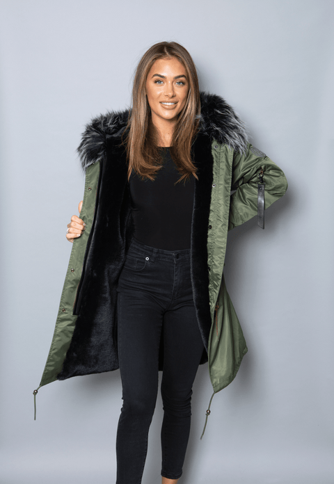Womens Real Look Faux Fur Collar Parka Jacket with Black Faux Fur Lining 3/4 - Bobbi Parka