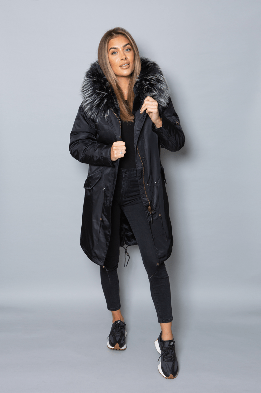 Womens Real Look Faux Fur Collar Parka Jacket with Black Faux Fur