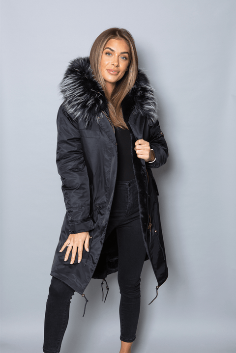 Womens Real Look Faux Fur Collar Parka Jacket with Black Faux Fur Lining 3/4 - Bobbi Parka