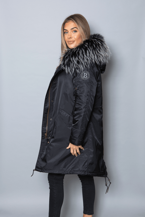 Womens Real Look Faux Fur Collar Parka Jacket with Black Faux Fur Lining 3/4 - Bobbi Parka
