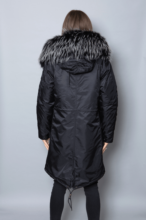 Womens Real Look Faux Fur Collar Parka Jacket with Black Faux Fur Lining 3/4 - Bobbi Parka