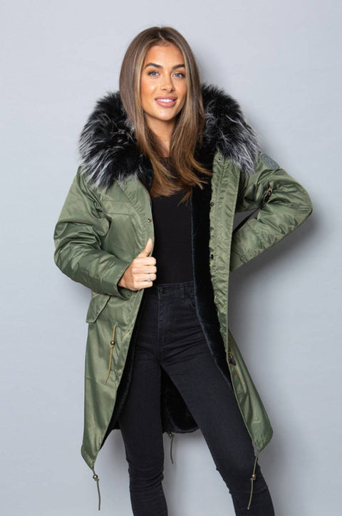 Womens Real Look Faux Fur Collar Parka Jacket with Black Faux Fur Lining 3/4 - Bobbi Parka