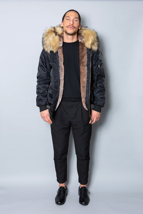 Sale Mens Real Look Faux Fur Bomber Jacket with Natural Lining