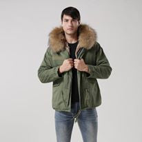 Mens Raccoon Fur Collar Parka Jacket with Natural Fur -  - 2