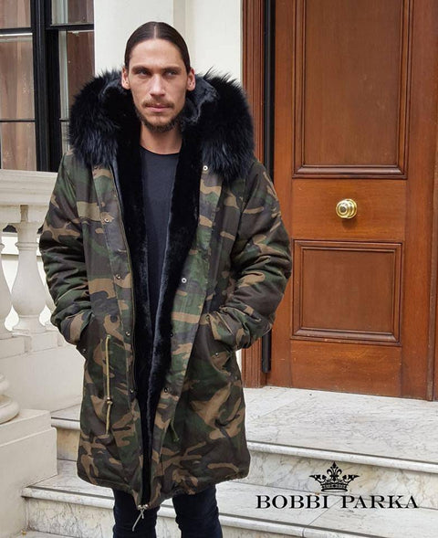 Mens Camo Luxury Parka Jacket with Black Collar 3/4