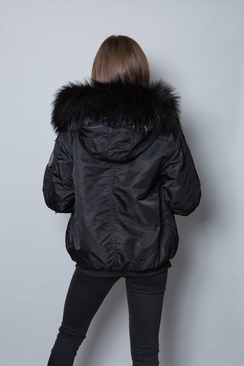 Sale Womens Real Look Faux Fur Bomber with Black Faux Fur
