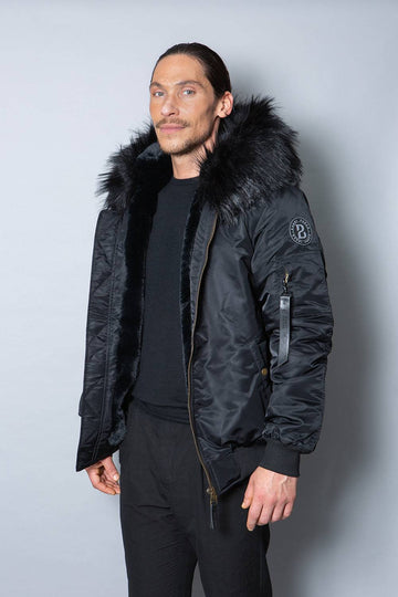 Mens Real Look Faux Fur Bomber Jacket with Black Lining – Bobbi Parka