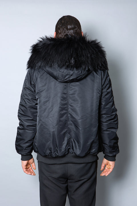 Mens Real Look Faux Fur Bomber Jacket with Black Lining