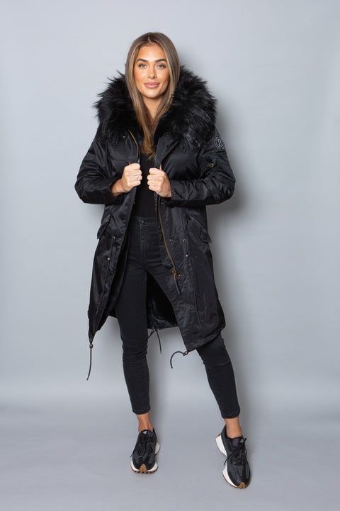 Womens Real Look Faux Fur Collar Parka Jacket with Black Faux Fur Lining 3/4