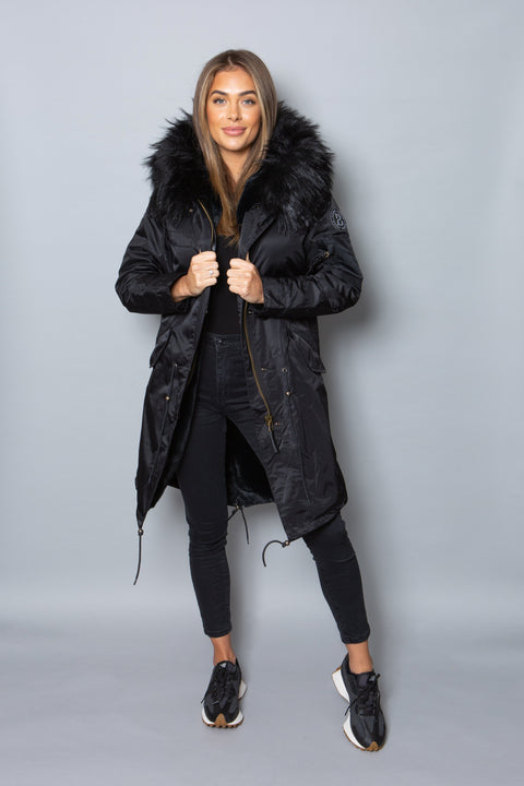 Sale Womens Real Look Faux Fur Collar Parka Jacket with Black Faux Fur Lining 3/4