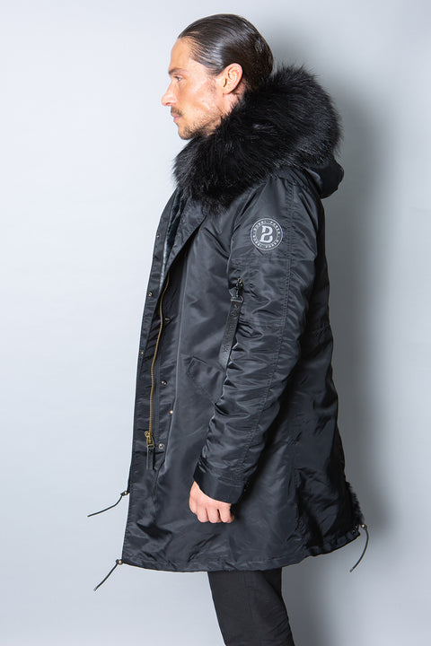 Mens Real Look Faux Fur Collar Parka Jacket with Black Lining 3/4