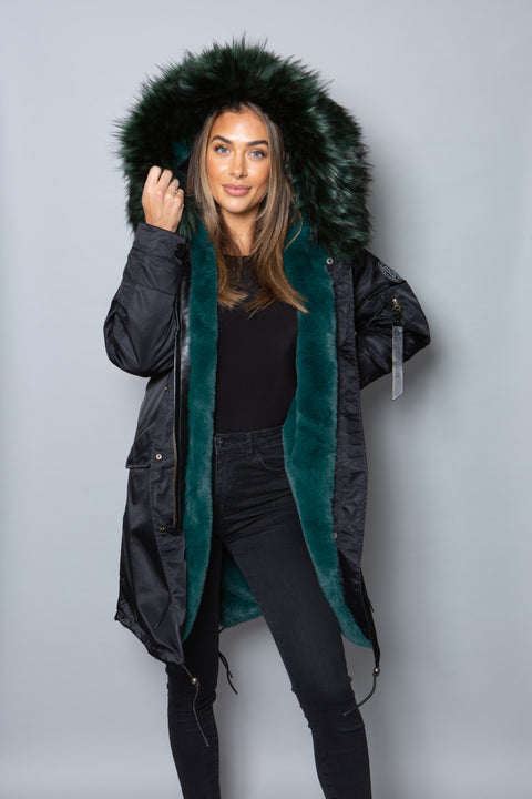 Womens Real Look Faux Fur Collar Parka Jacket with Green Faux Fur Lining 3/4