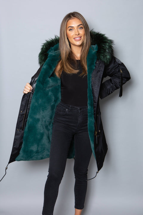 Womens Real Look Faux Fur Collar Parka Jacket with Green Faux Fur Lining 3/4