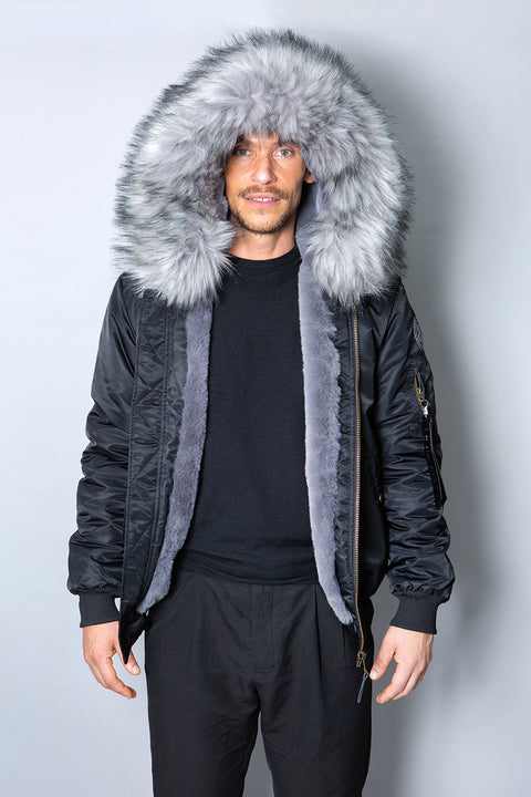 Mens Real Look Faux Fur Bomber Jacket with Grey Lining