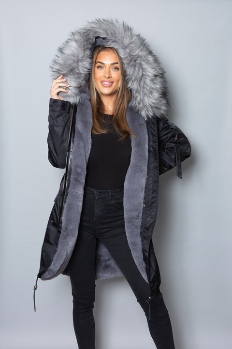 Womens Real Look Faux Fur Collar Parka Jacket with Grey Faux Fur Lining 3/4