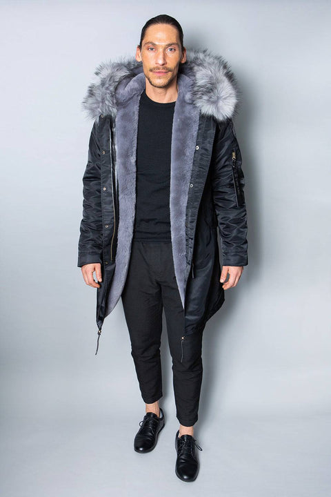 Sale Mens Real Look Faux Fur Collar Parka Jacket with Grey Lining 3/4 - Bobbi Parka