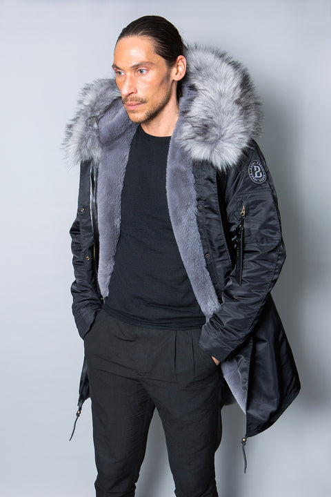 Mens Real Look Faux Fur Collar Parka Jacket with Grey Lining 3/4