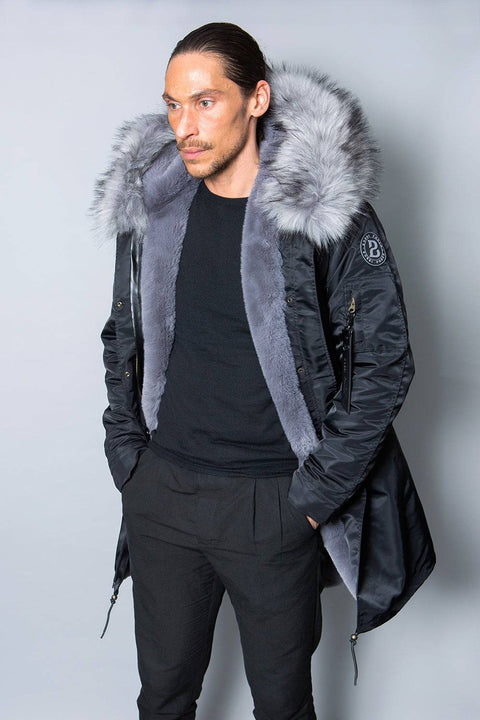 Sale Mens Real Look Faux Fur Collar Parka Jacket with Grey Lining 3/4 - Bobbi Parka