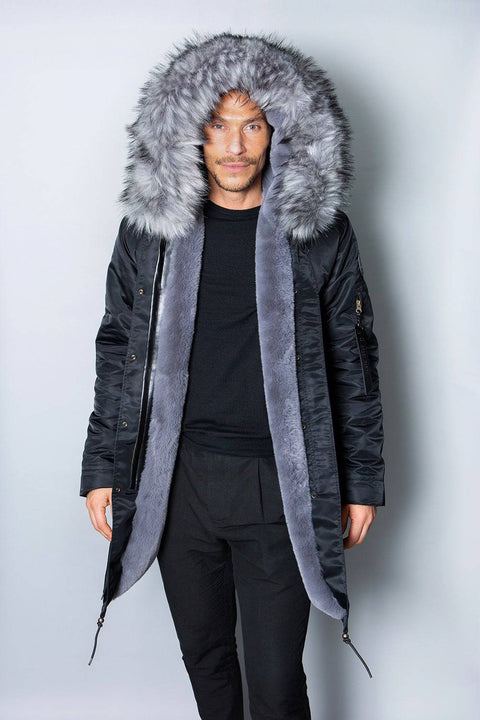 Sale Mens Real Look Faux Fur Collar Parka Jacket with Grey Lining 3/4 - Bobbi Parka