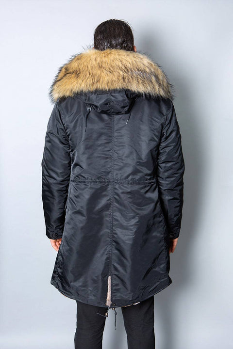 Mens Real Look Faux Fur Collar Parka Jacket with Natural Lining 3/4