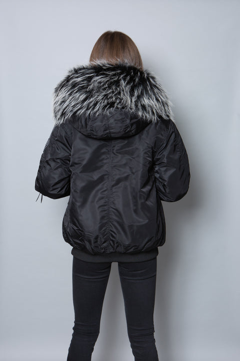 Womens Real Look Faux Fur Bomber with Black Faux Fur