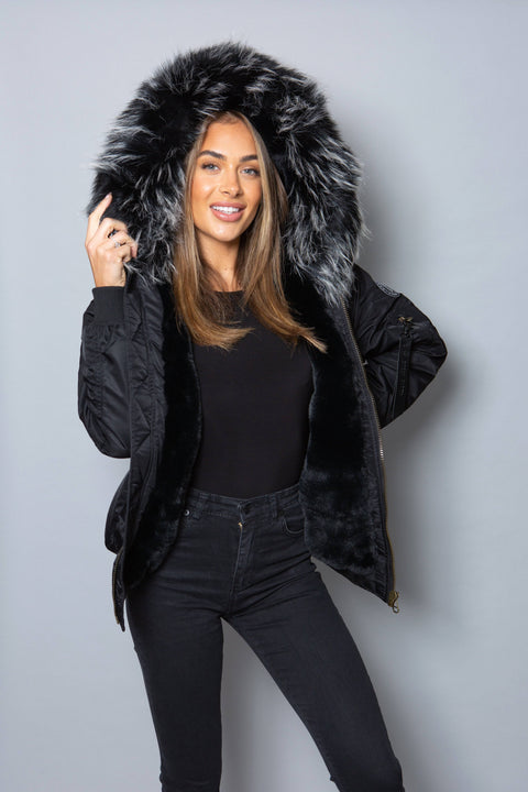 Womens Real Look Faux Fur Bomber with Black Faux Fur