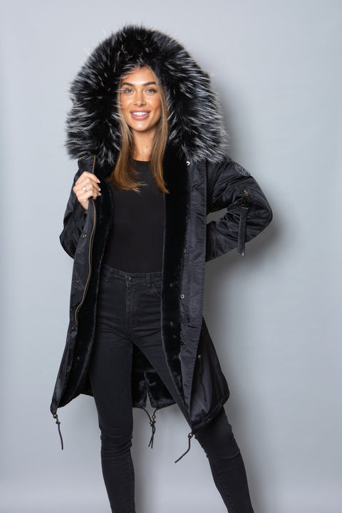 Womens Real Look Faux Fur Collar Parka Jacket with Black Faux Fur Lining 3/4