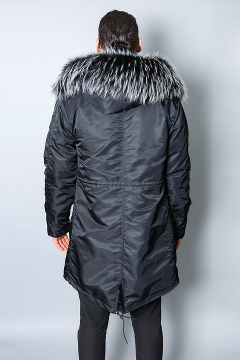 Mens Real Look Faux Fur Collar Parka Jacket with Black Lining 3/4