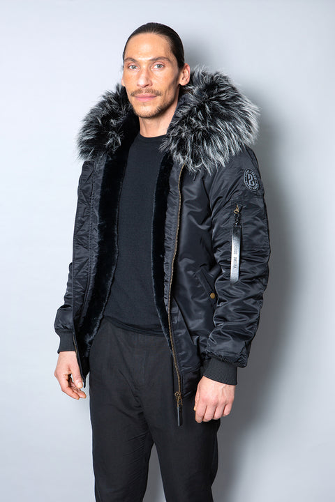 Mens Real Look Faux Fur Bomber Jacket with Black Lining