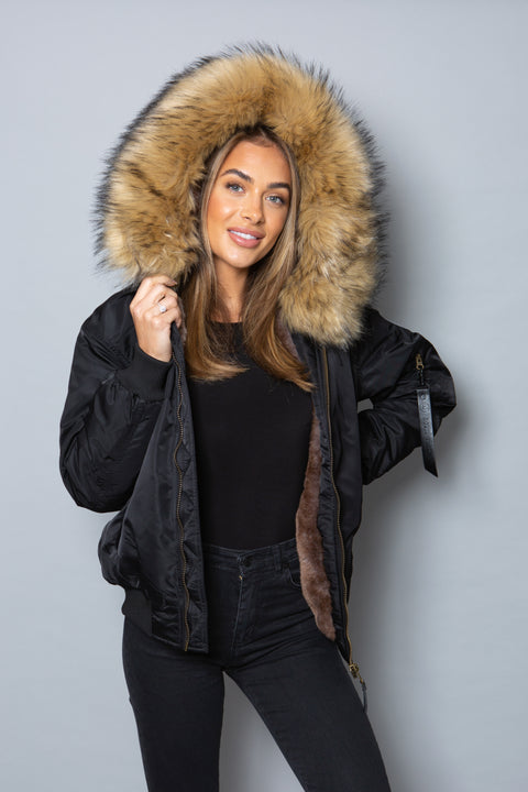 Womens Real Look Faux Fur Bomber with Natural Faux Fur