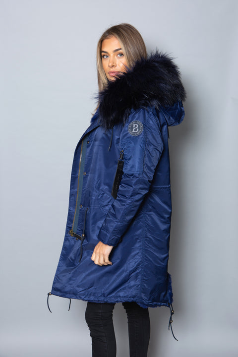 Womens Real Look Faux Fur Collar Parka Jacket with Navy Faux Fur Lining 3/4